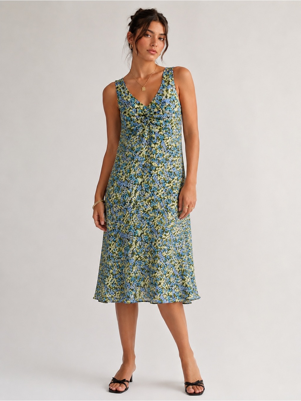 Vintage Y2K 90s Dressbarn green & blue floral flared hem ruched chest dress 16W